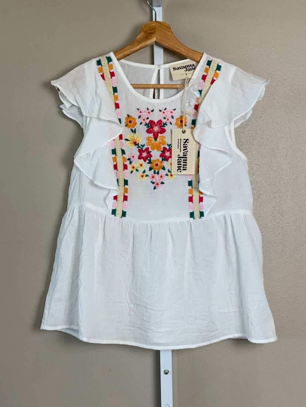 Savanna Jane Floral Embroidered Ruffle Flutter Sleeve Top